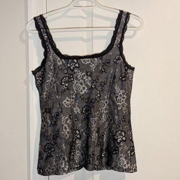 *3 FOR $9* Lace Trimmed Faux Boning Ribbing Baroque Floral Print Tank Top - Picture 2 of 2